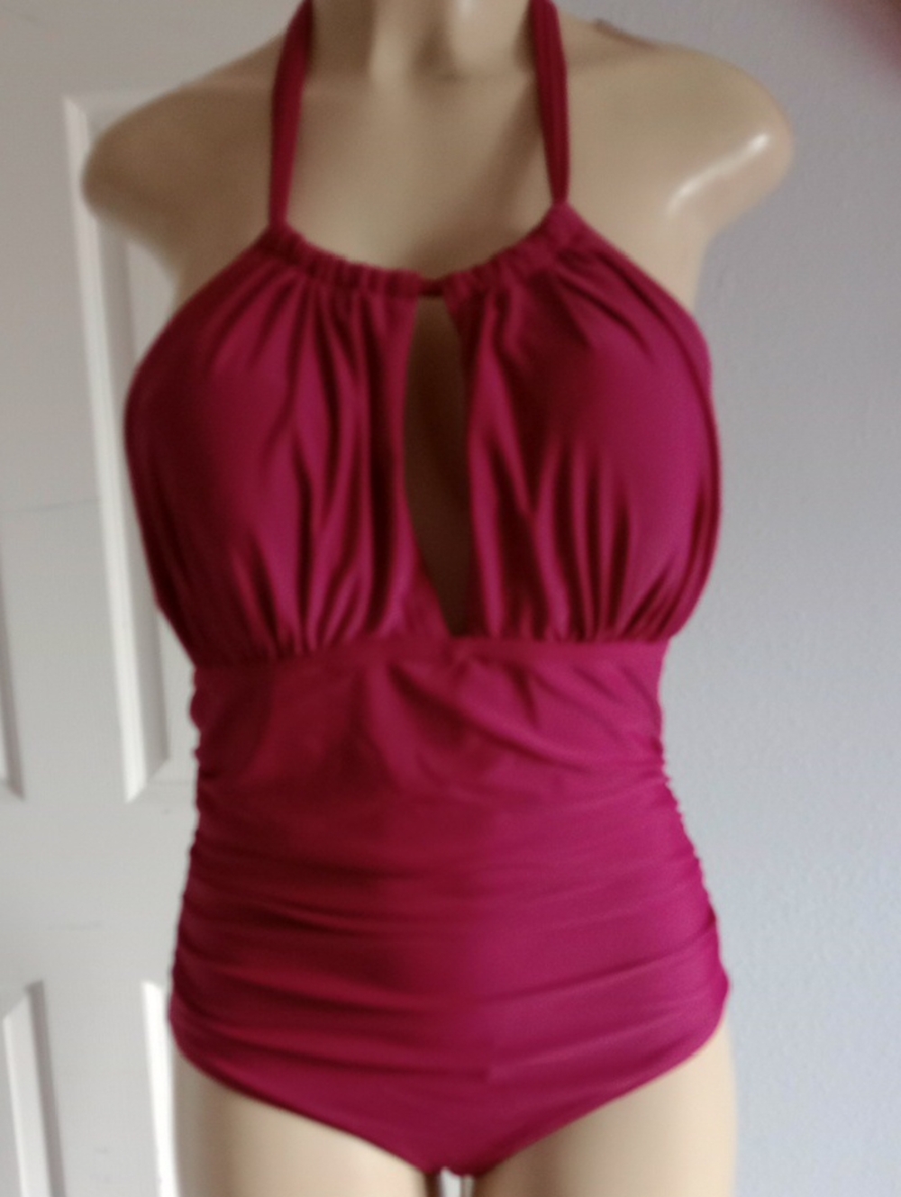 Ruched Halter One-Piece Swimsuit in Raspberry